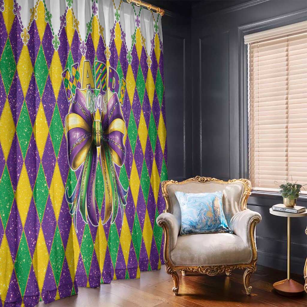 Mardi Gras window curtain panels with purple, green, and gold diamond pattern and bow