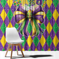 Mardi Gras window curtain with glittery purple bow on colorful diamond backdrop