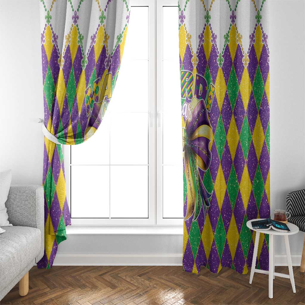 Mardi Gras window curtains with purple bow detail and multicolor diamond pattern draped on tie