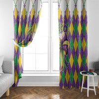 Mardi Gras window curtains with purple bow detail and multicolor diamond pattern draped on tie