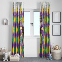 Mardi Gras curtain panels with colorful diamond print and oversized purple bow