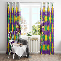 Pair of Mardi Gras window curtains with diamond pattern and large purple bow topper