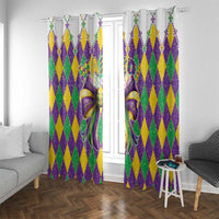 Mardi Gras window curtain panels in purple, green, and gold diamond pattern with bow