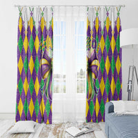 Mardi Gras curtain panels with purple glitter bow detail and multicolor diamond print