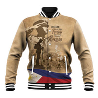 Brown baseball jacket with black striped collar, ribbed cuffs, button front, front graphic panel