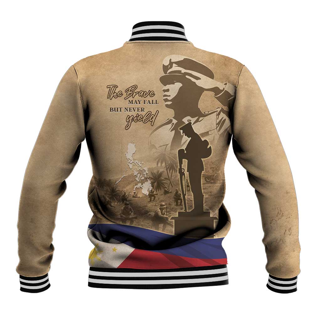 Brown baseball jacket with striped ribbed collar and cuffs, button front, back graphic