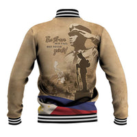 Brown baseball jacket with striped ribbed collar and cuffs, button front, back graphic