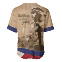 Brown baseball jersey back with rifle soldier graphic, text, and blue/red trim