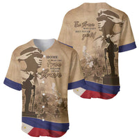 Brown baseball jersey set showing front and back, portrait graphics and blue/red trim