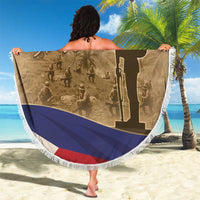 Round beach blanket with white fringe, brown patriotic print with rifle and soldier silhouettes
