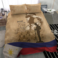 Brown memorial bedding set with soldier silhouette graphic and red, blue, white flag stripe