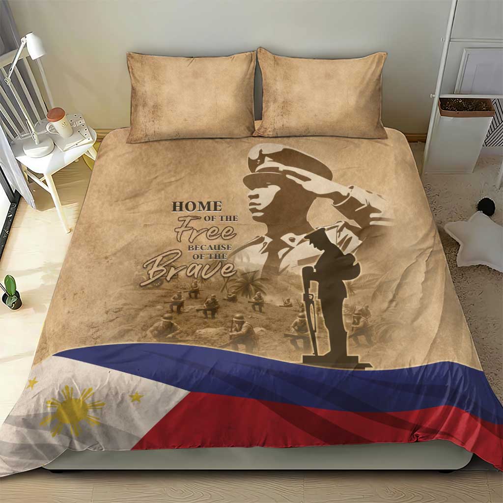 Brown bedding set with two matching pillows and soldier graphic over flag stripe border