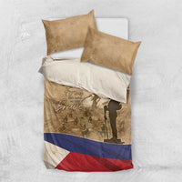 Brown and white bedding set with soldier portrait graphic, patriotic flag stripe, two pillow shams