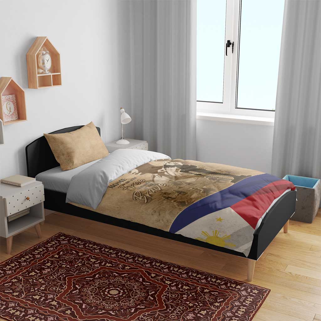 Brown patriotic bedding set with soldier graphic on duvet and flag stripe accents