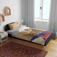 Brown patriotic bedding set with soldier graphic on duvet and flag stripe accents