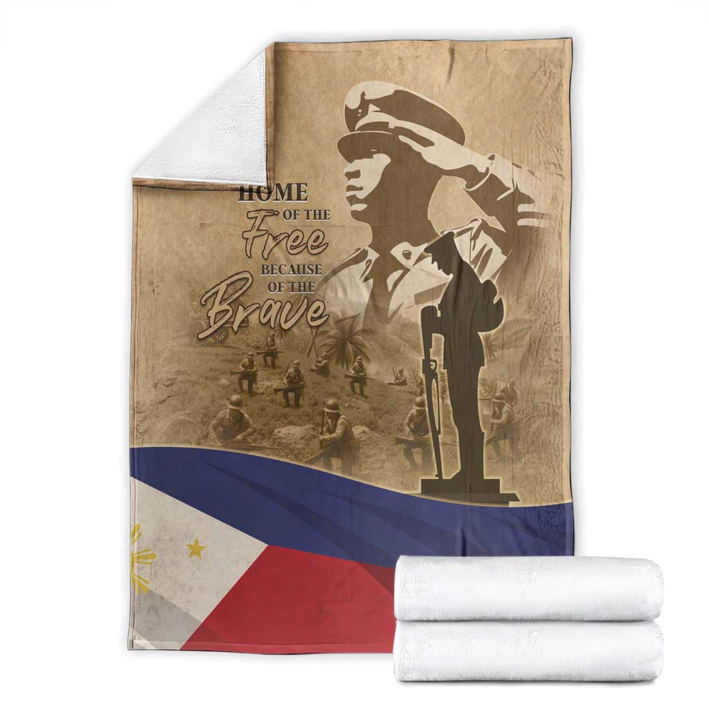 Memorial Day blanket in tan with soldier silhouette and “Home of the Free” text, Philippines flag blue band