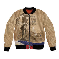 Brown bomber jacket with full zip, black ribbed collar, and front camo graphic