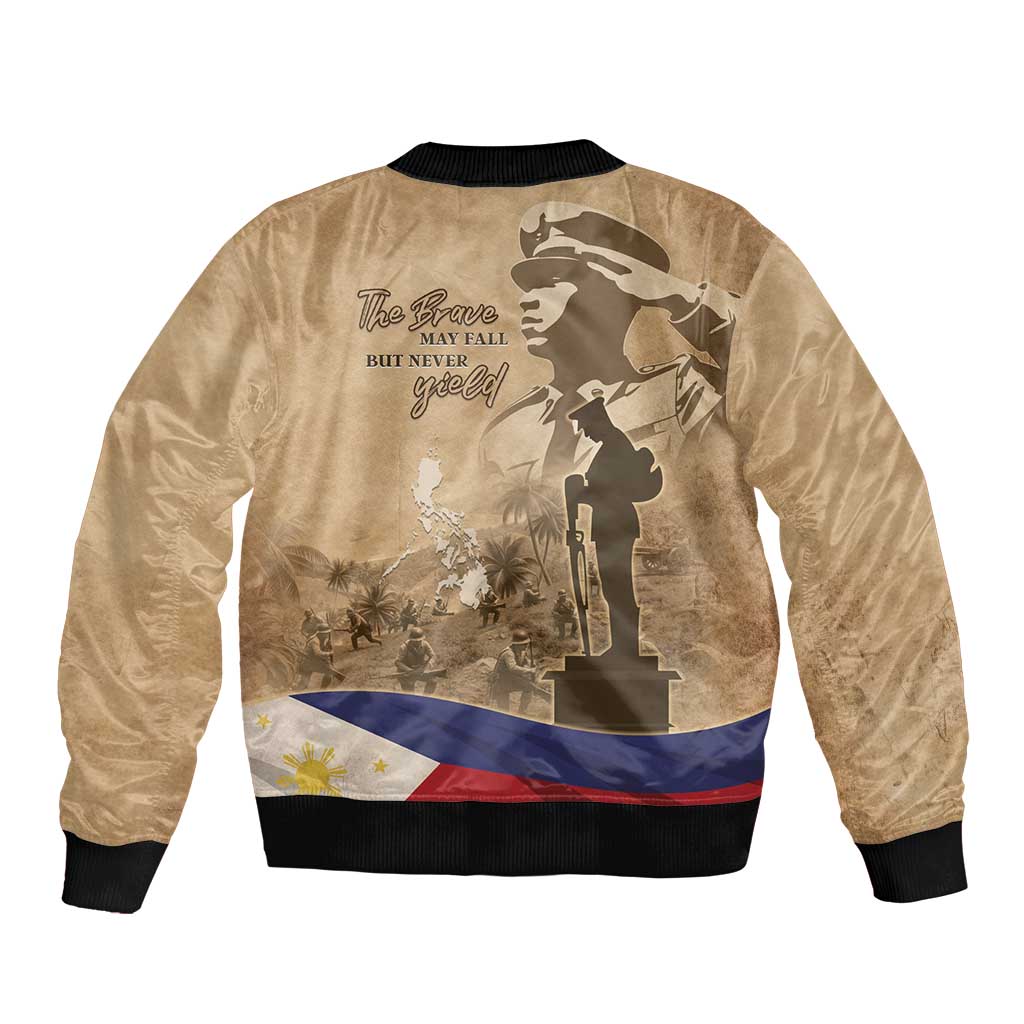 Brown bomber jacket with black ribbed neck and back camo graphic, full zip
