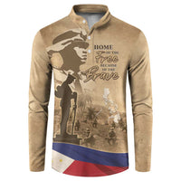 Brown long-sleeve button sweatshirt with front soldier graphic and flag at hem