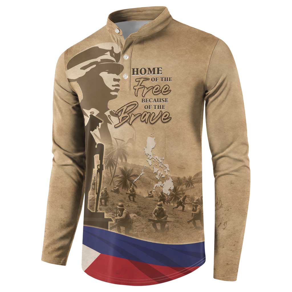 Brown long-sleeve button henley sweatshirt with front "Home of the Brave" graphic