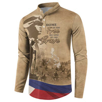 Brown long-sleeve button henley sweatshirt with front "Home of the Brave" graphic