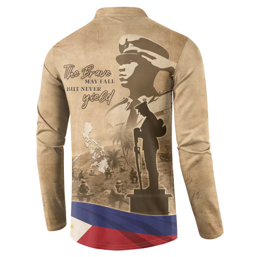 Brown long-sleeve button sweatshirt with large back soldier graphic and "Never" text