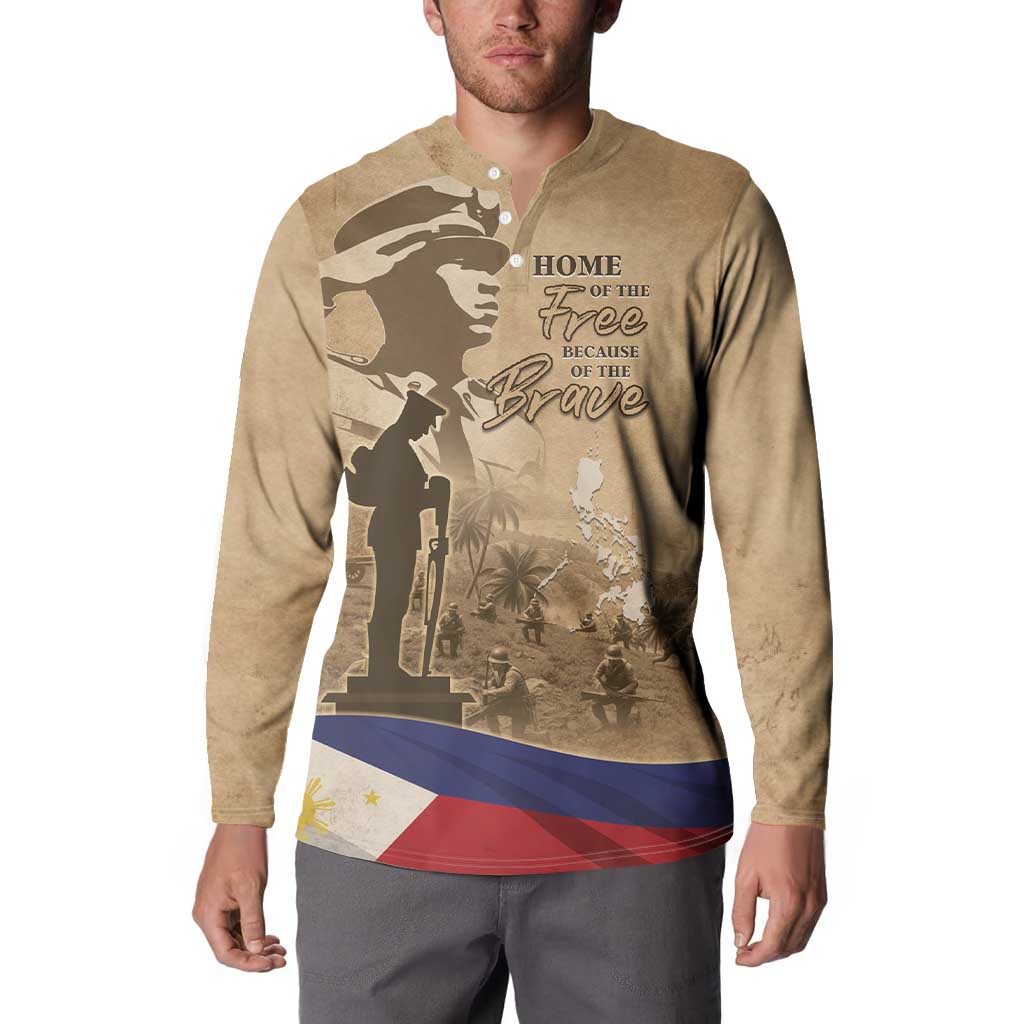 Brown long-sleeve button sweatshirt on model, front soldier graphic and flag band