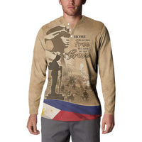 Brown long-sleeve button sweatshirt on model, front soldier graphic and flag band