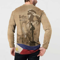 Brown long-sleeve button sweatshirt on model, back soldier graphic with flag band