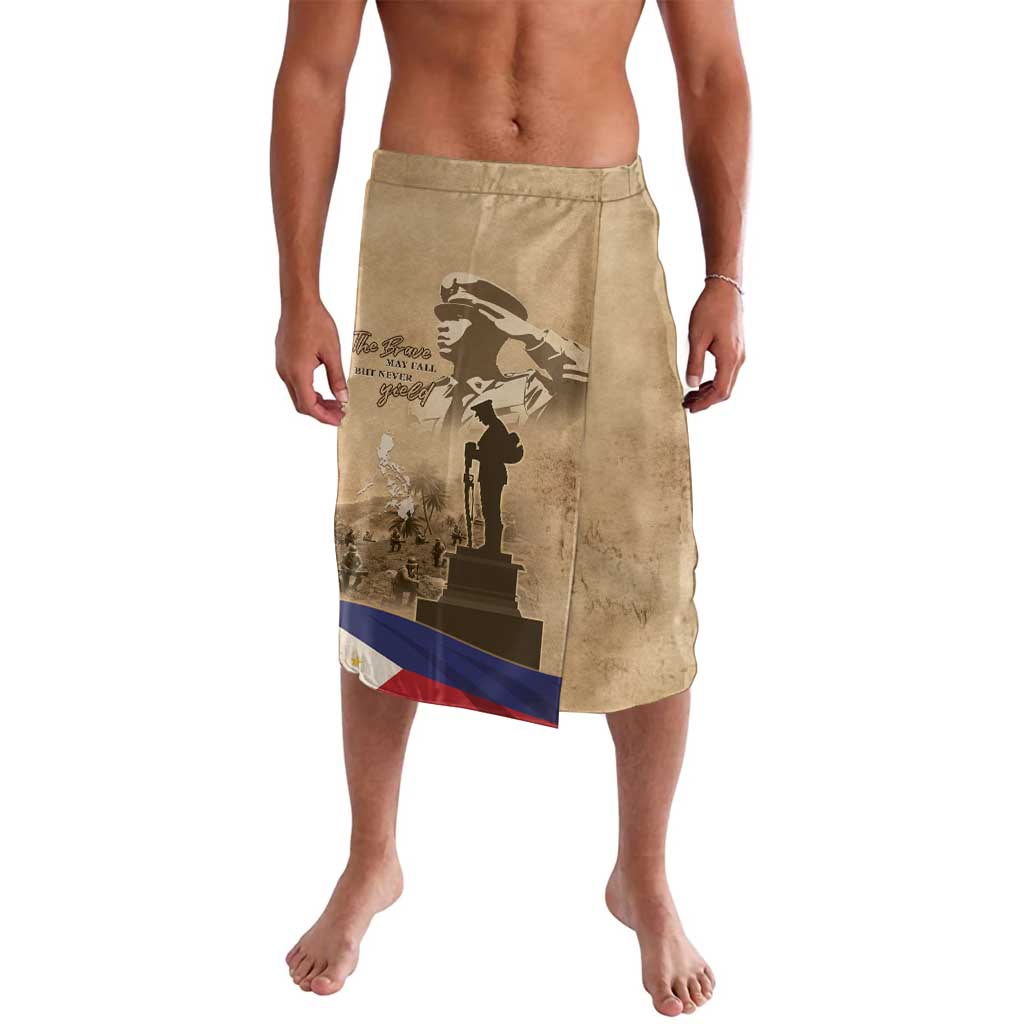Brown lavalava wrap skirt with soldier graphic and blue-red flag stripe