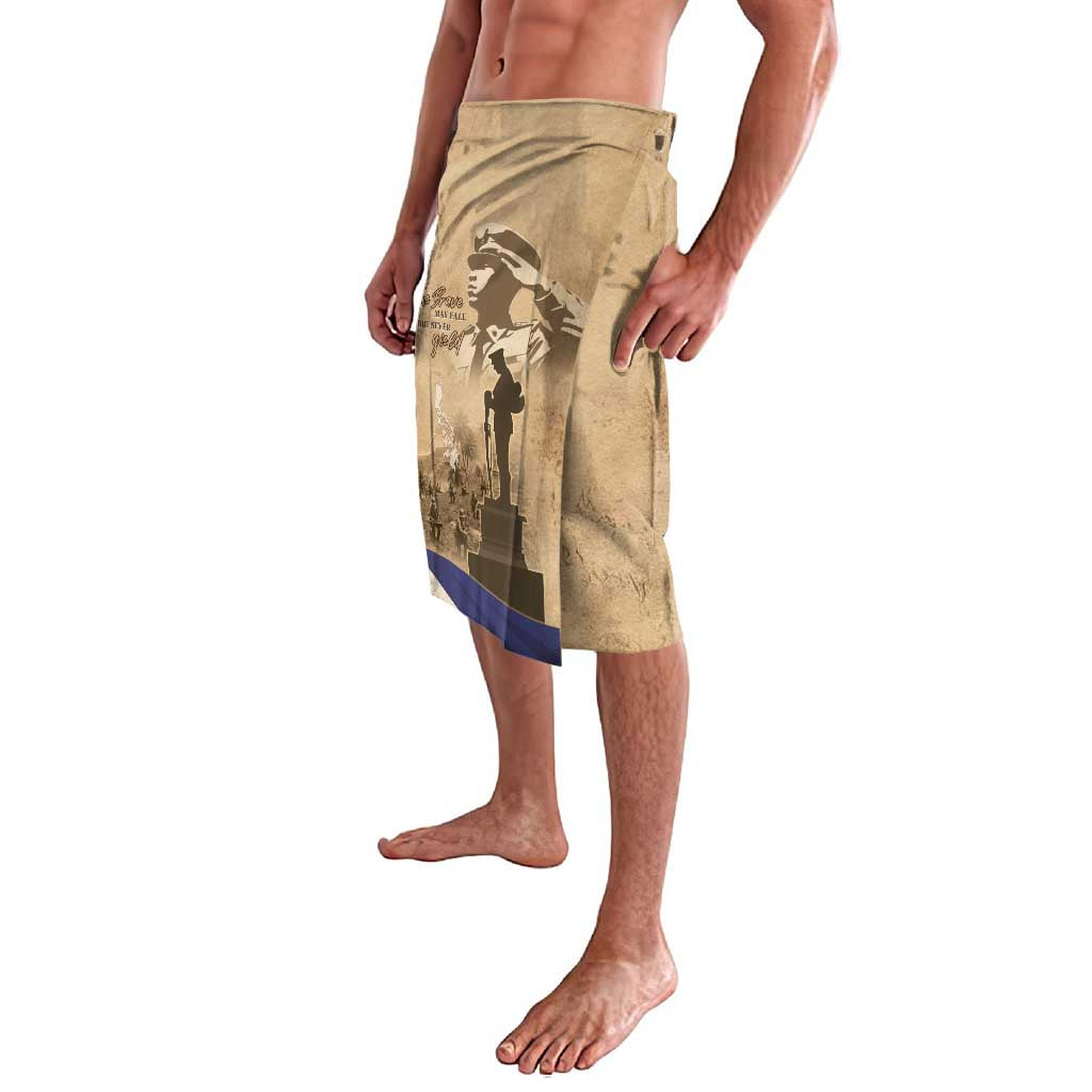 Brown lavalava wrap skirt with soldier graphic and blue-red flag stripe