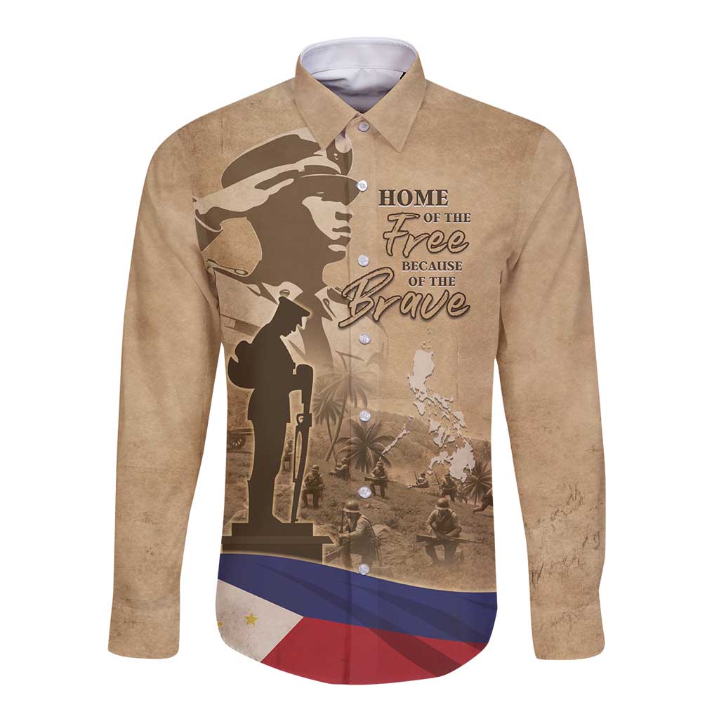 Brown long sleeve button shirt with front patriotic graphic and pointed collar