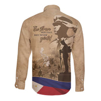 Brown long sleeve button shirt with back soldier graphic and flag wave design