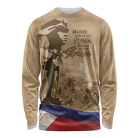 Brown long-sleeve shirt with soldier graphic, “Home of the Free” text, and flag hem