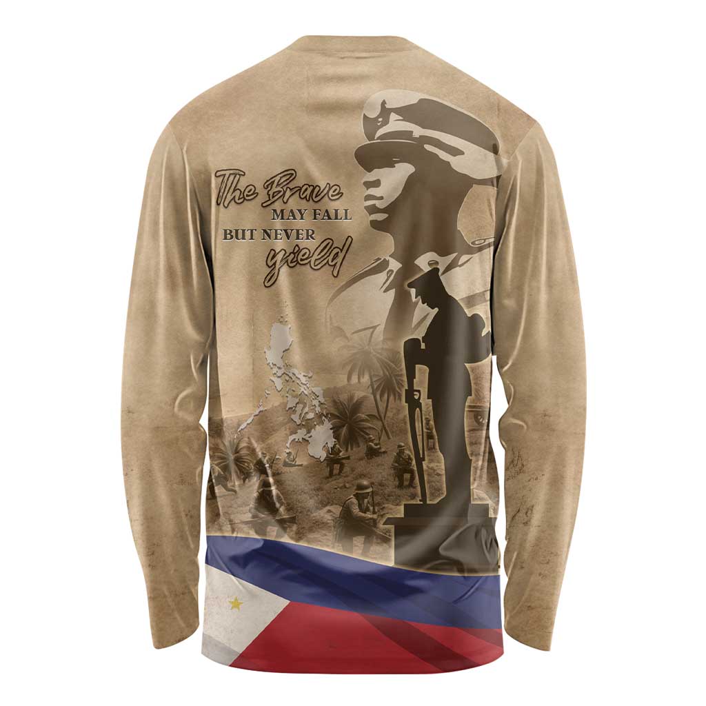 Brown long-sleeve shirt with back soldier graphic, “The brave may fall but never yield”, flag