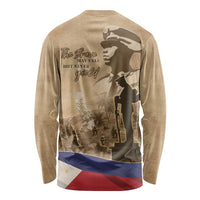 Brown long-sleeve shirt with back soldier graphic, “The brave may fall but never yield”, flag