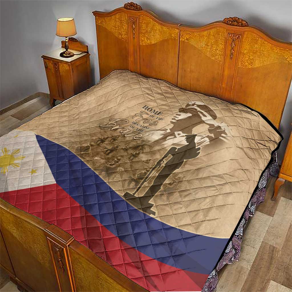Tan quilt with soldier silhouette, flag stripes band, and diamond quilting