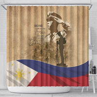Brown shower curtain with Philippines flag, soldier silhouette, and 'Home of the free' text