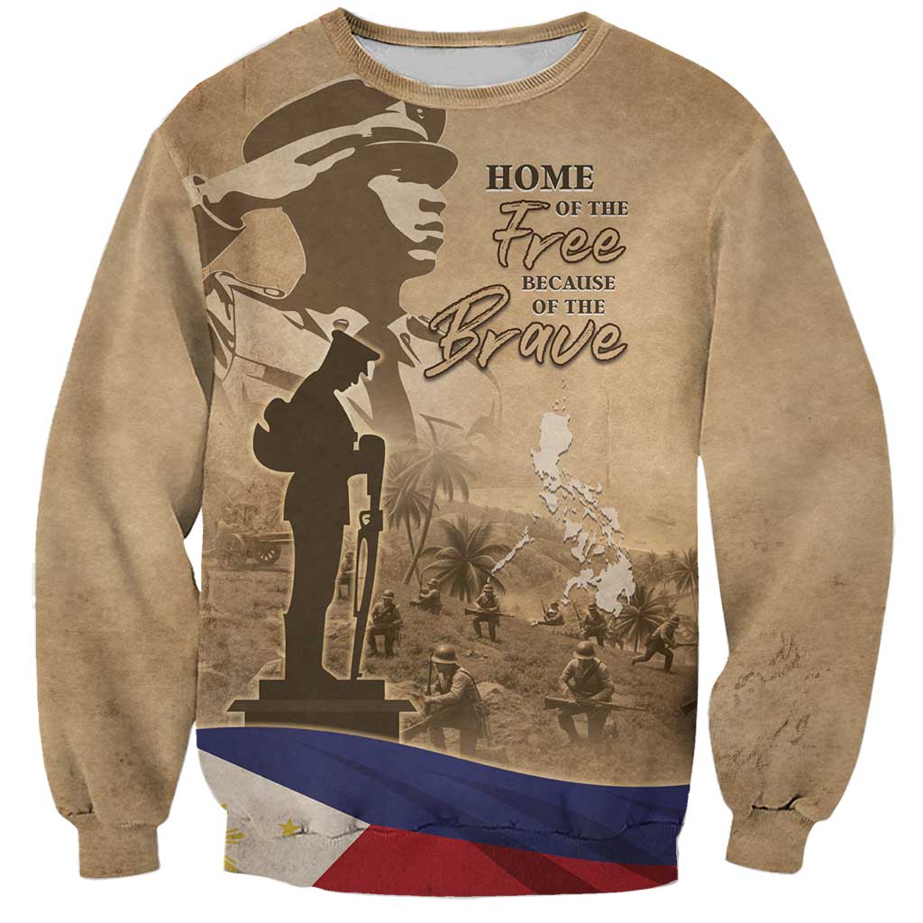 Brown crewneck sweatshirt with soldier silhouette graphic, “Home of the Free...Brave”