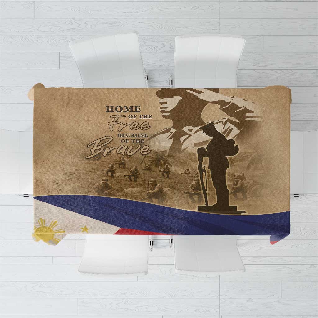 Brown memorial tablecloth flat lay with Philippines-themed graphic and blue-red band
