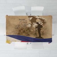 Brown memorial tablecloth flat lay with Philippines-themed graphic and blue-red band