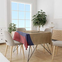Brown commemorative tablecloth with blue and red diagonal stripe design