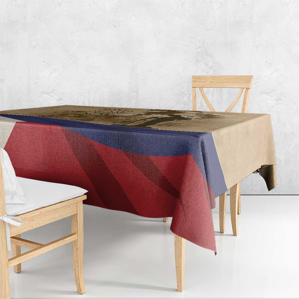 Brown memorial tablecloth corner drape with blue edge and red diagonal pattern