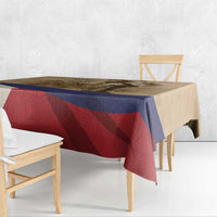 Brown memorial tablecloth corner drape with blue edge and red diagonal pattern