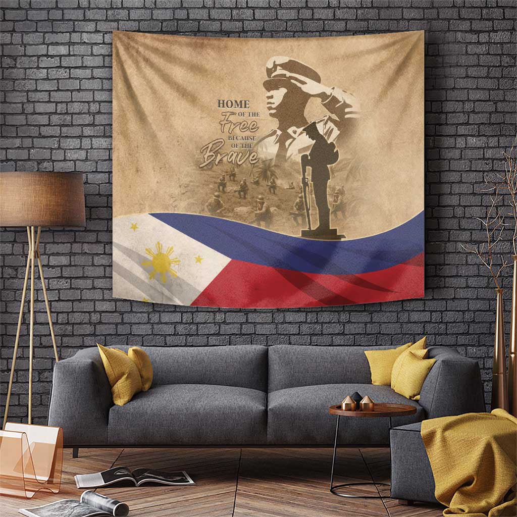 Brown wall tapestry with soldier silhouette, 'HOME OF THE FREE' message, and Philippine flag