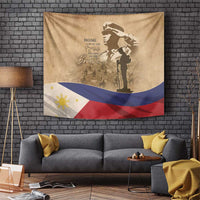 Brown wall tapestry with soldier silhouette, 'HOME OF THE FREE' message, and Philippine flag