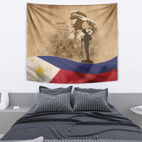 Brown memorial tapestry with soldier silhouette, 'HOME OF THE FREE' text, and curved Philippine flag