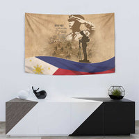 Brown Memorial Day tapestry with soldier silhouette, text, and waving Philippine flag colors