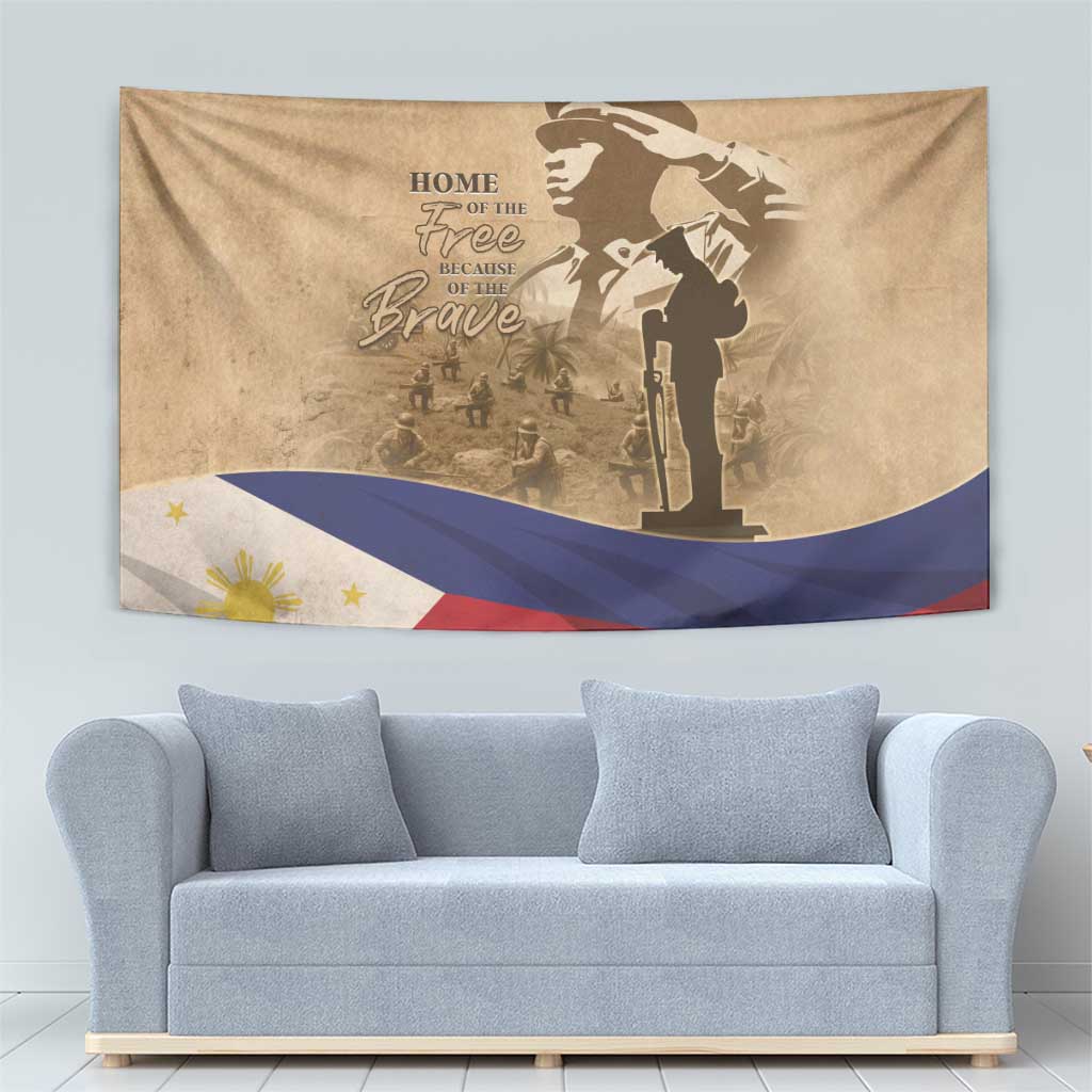 Brown memorial tapestry with soldier silhouette, 'HOME OF THE FREE' text, and Philippine flag
