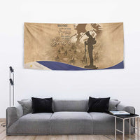 Brown memorial tapestry with soldier figure, 'Because of the Brave' text, and Philippine flag